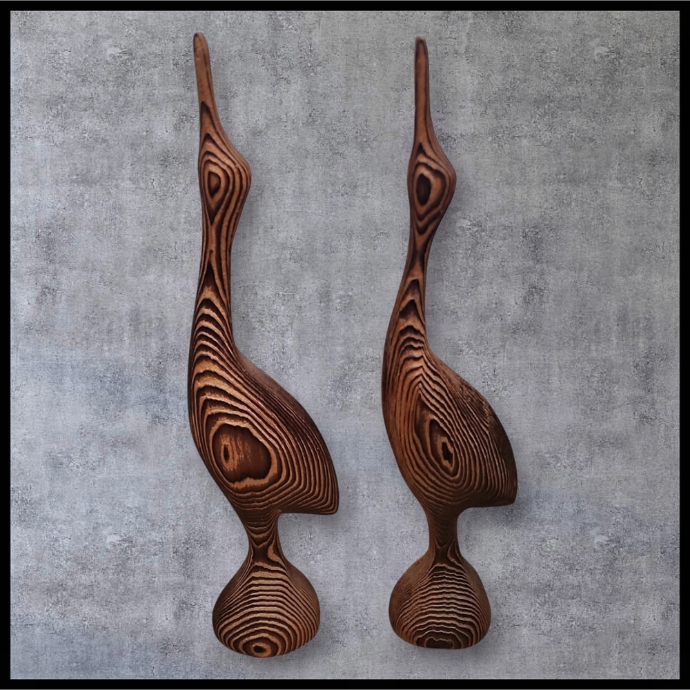 Vintage Crowe Canada Handcarved Cedar Wood Crane Bird Statue Set MCM Minimalist